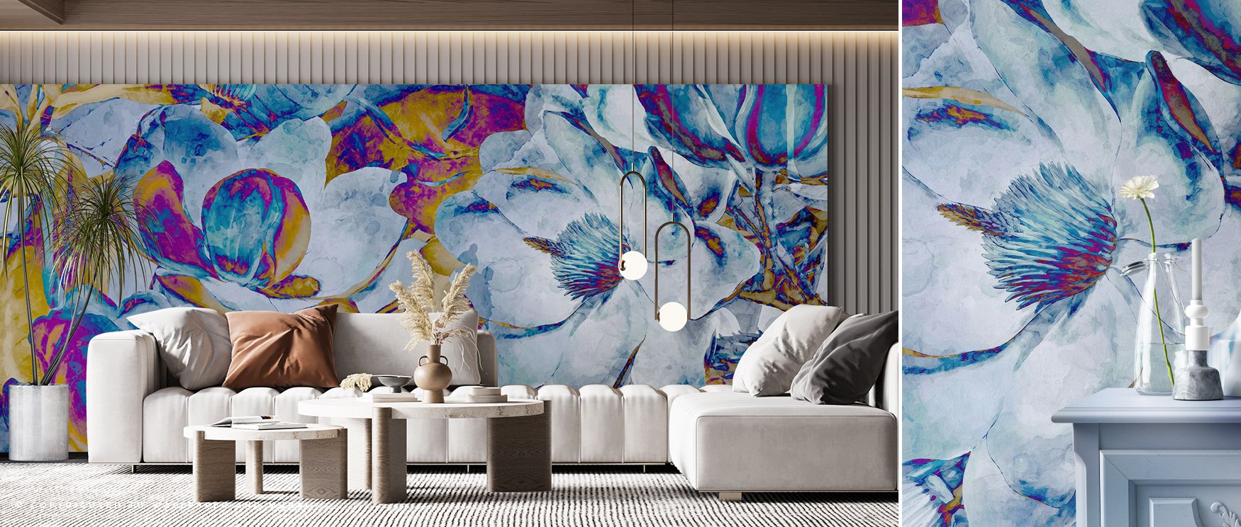 Pastel tones emerge beautifully in the Blue and Pink Flower Wallpaper, where blossoms appear delicate and refined. The design inspires a peaceful atmosphere in bedrooms or bathrooms, while adding floral harmony to living rooms through timeless elegance.