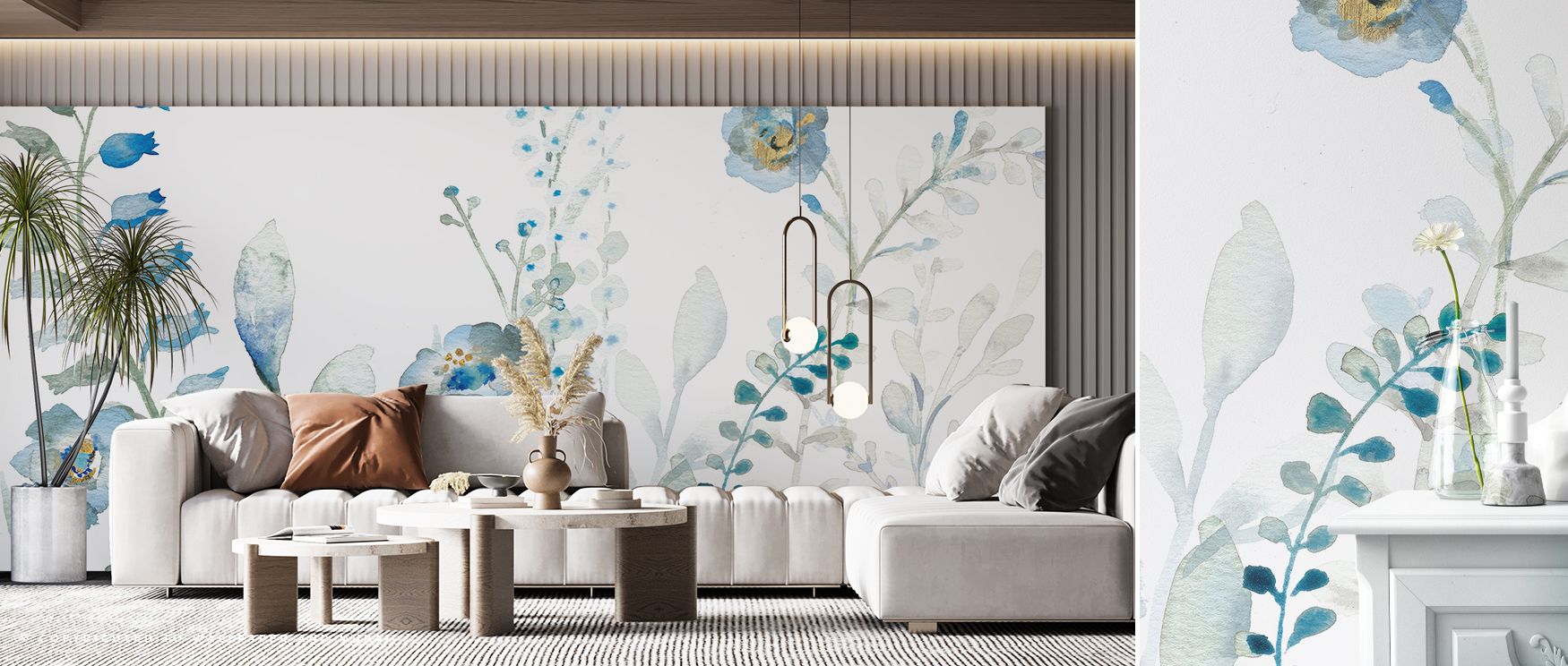 The Blues of Summer Hanging Wallpaper radiates charm, where delicate vertical forms in blue shades fill interiors with calm beauty. Its lively yet gentle rhythm enhances bathrooms, bedrooms, or living rooms with timeless decorative artistry.