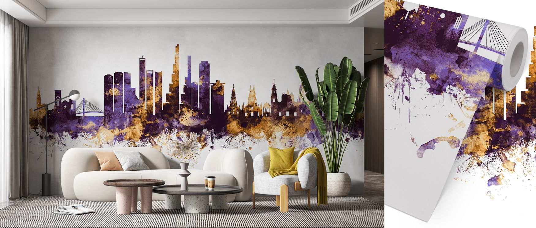 The Bogot Colombia Skyline Purple & Gold Wallpaper highlights architectural artistry, where silhouettes appear bold against luxurious hues. Its design enriches offices, bedrooms, or living spaces with refinement, offering timeless urban sophistication.
