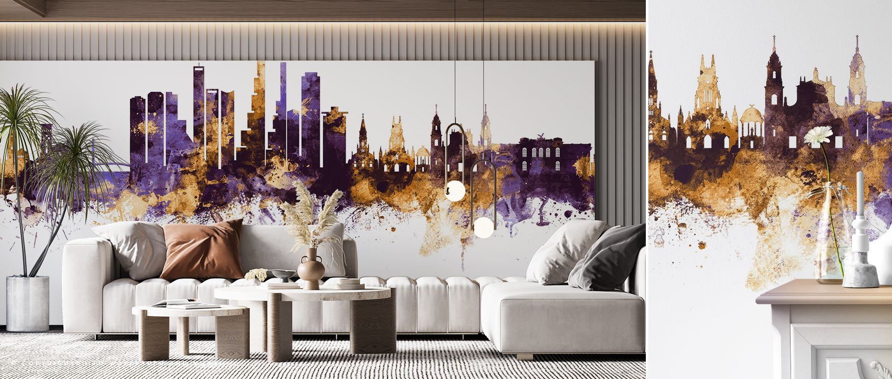Luminous tones radiate from the Bogot Colombia Skyline Purple & Gold Wallpaper, where rich detailing captures the essence of the city. Perfect for bedrooms, living rooms, or offices, it brings cultural pride and elegance into interiors with style.