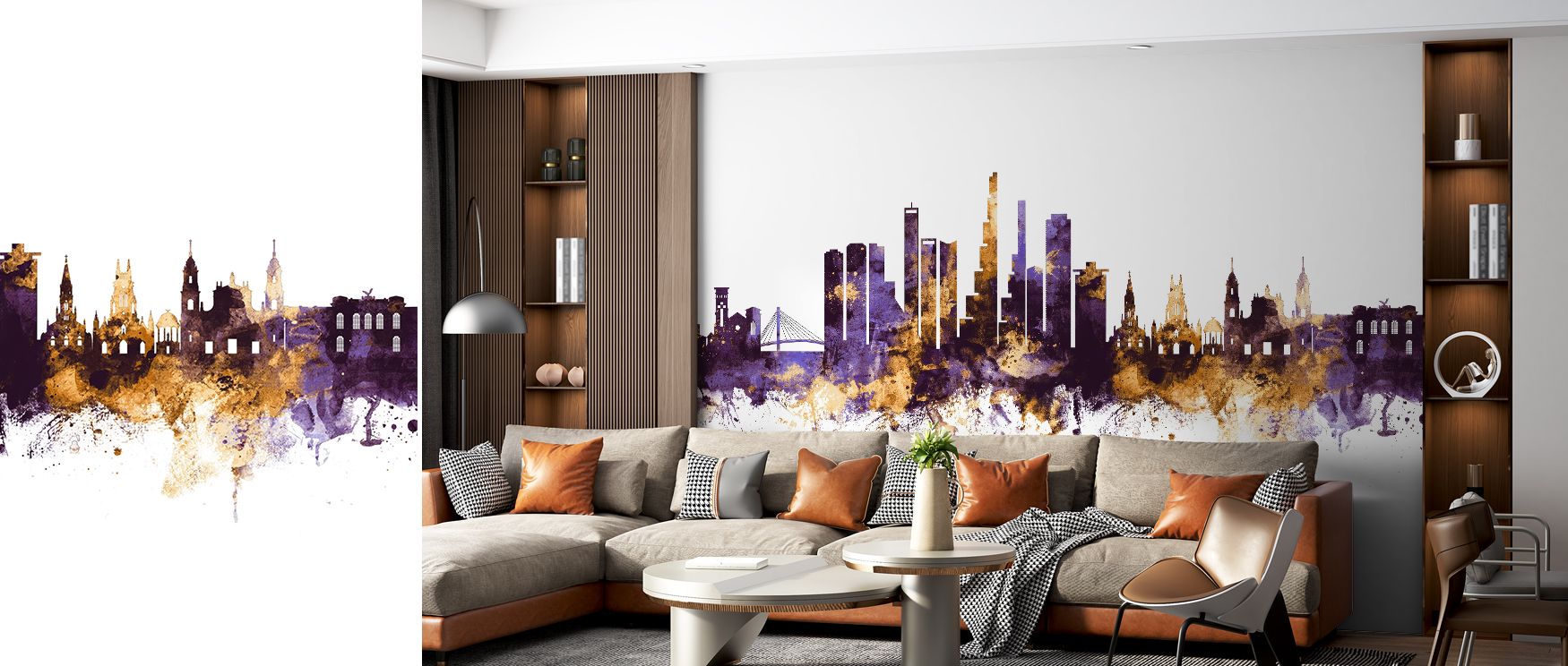 Artistic charm defines the Bogot Colombia Skyline Purple & Gold Wallpaper, where golden highlights merge with deep purple silhouettes. This wallpaper transforms bedrooms, offices, or living areas into refined urban sanctuaries filled with elegance.