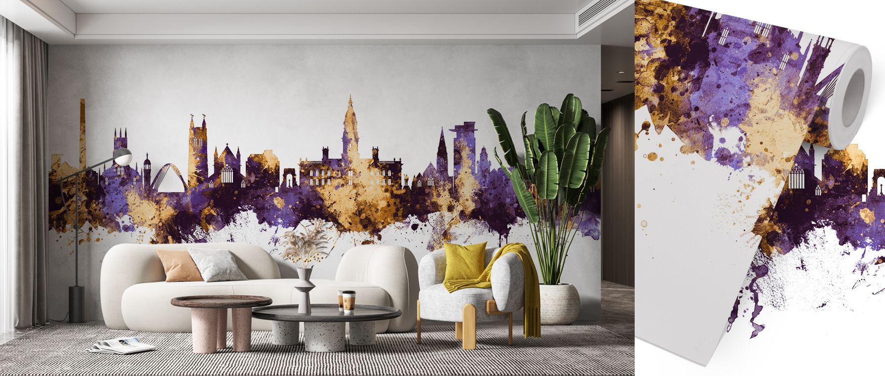 Rich purple shades meet golden highlights in the Bolton England Skyline Wallpaper, producing striking contrast and charm. It adds timeless character to offices, bedrooms, or living rooms, creating an atmosphere of cultural beauty and decorative refinement
