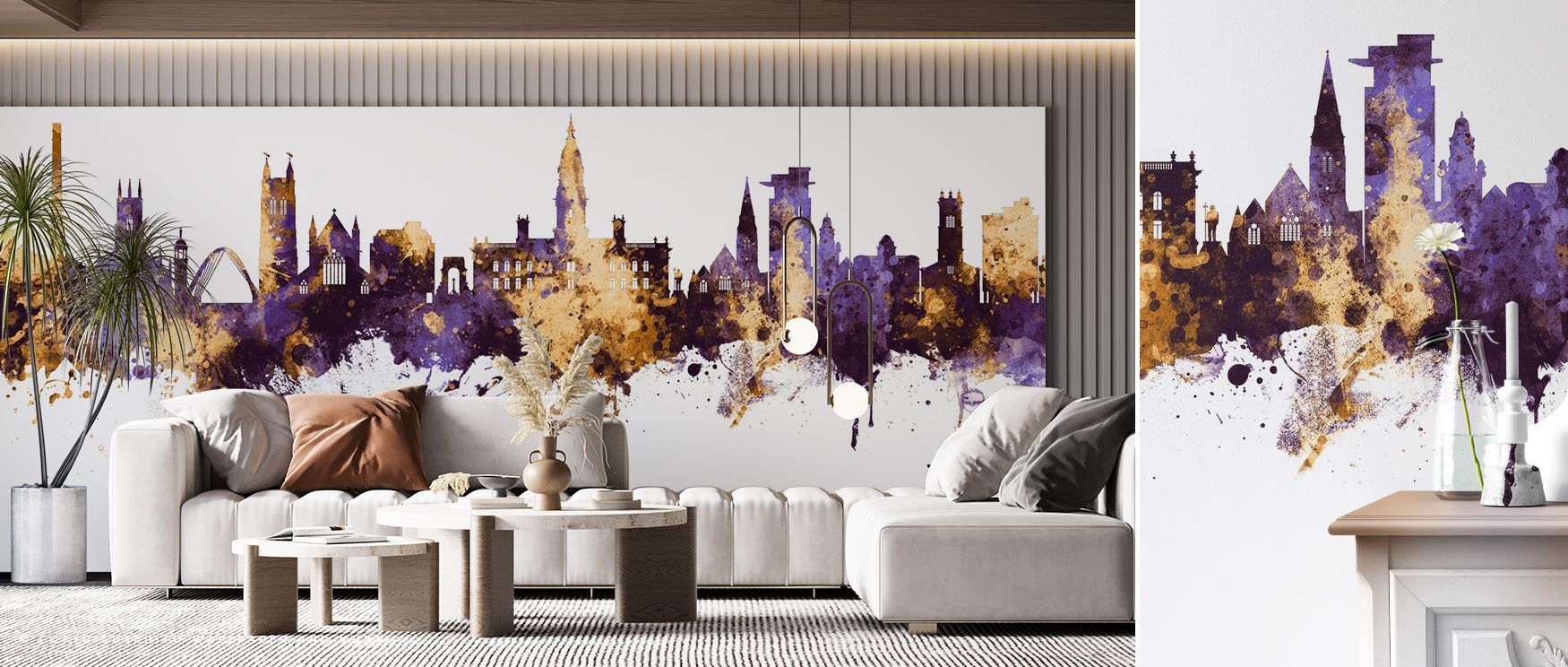 The Bolton England Skyline Purple & Gold Wallpaper celebrates architecture through shimmering tones. Its imagery transforms interiors with prestige, offering luxurious backdrops that enhance offices, bedrooms, or living spaces with urban sophistication an