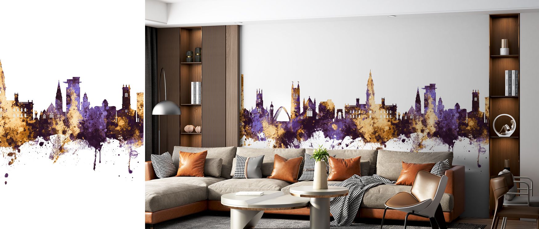 Cultural artistry shines in the Bolton England Skyline Purple & Gold Wallpaper, where luminous silhouettes appear bold against elegant tones. Perfect for bedrooms, offices, or living areas, it offers refined decorative elegance inspired by the city’s skyl
