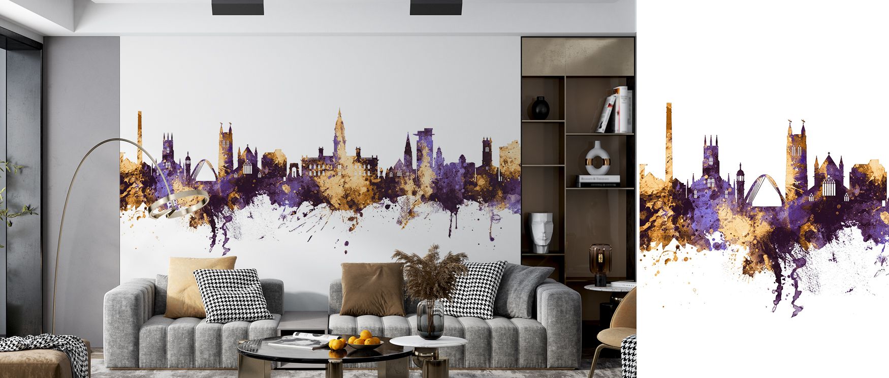 Prestige fills interiors with the Bolton England Skyline Purple & Gold Wallpaper, where bold forms emerge in purple and gold brilliance. It transforms bedrooms, offices, or living rooms into elegant sanctuaries filled with artistry and warmth.