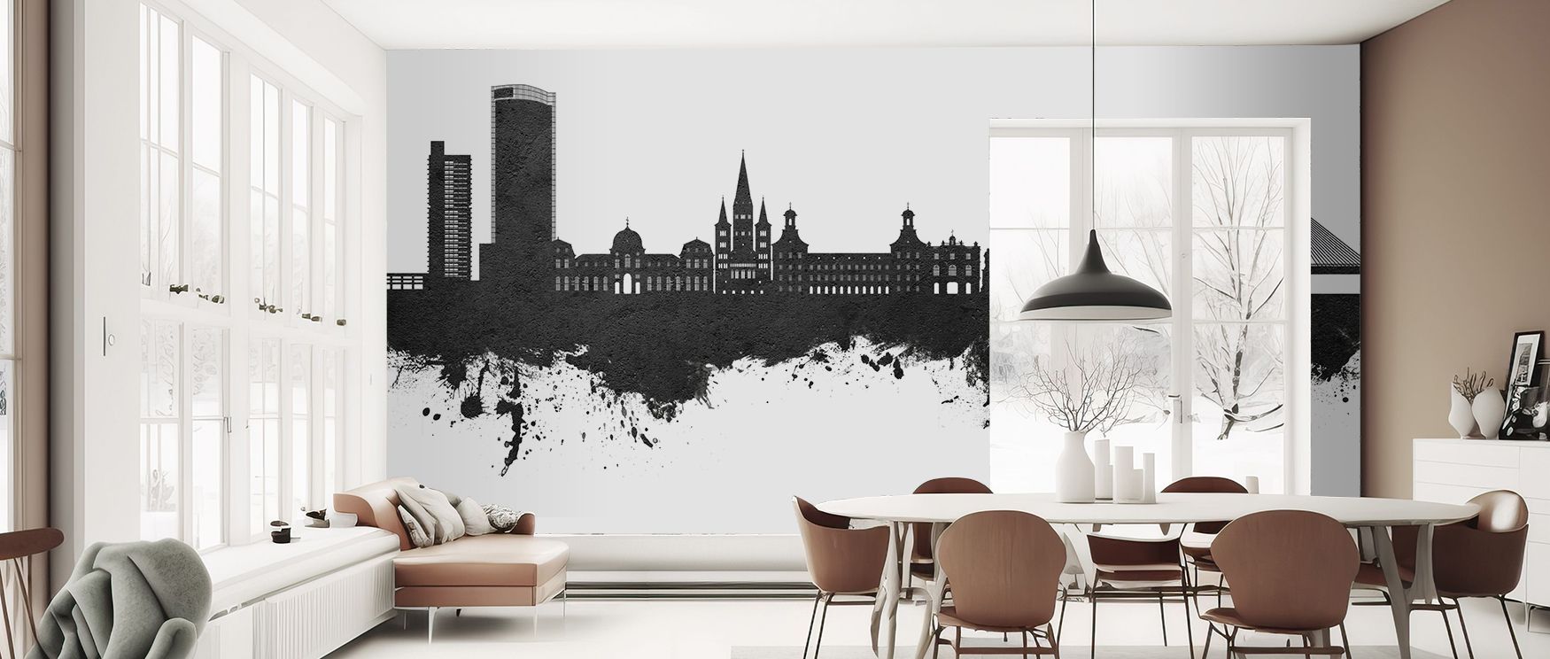 Historical charm radiates from the Bonn Skyline Black & White Wallpaper, where elegant silhouettes glow in refined contrasts. This design enriches bedrooms, offices, or living rooms, offering timeless beauty with urban character and artistry.