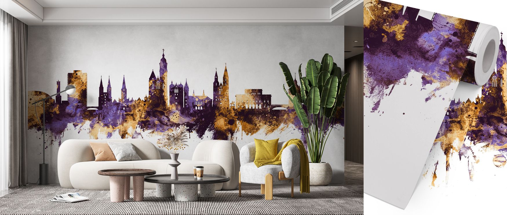 The Braunschweig Germany Skyline Purple & Gold Wallpaper highlights architectural brilliance, where city forms stretch across walls in glowing contrast. This wallpaper transforms bedrooms, offices, or living rooms into sophisticated retreats filled with e