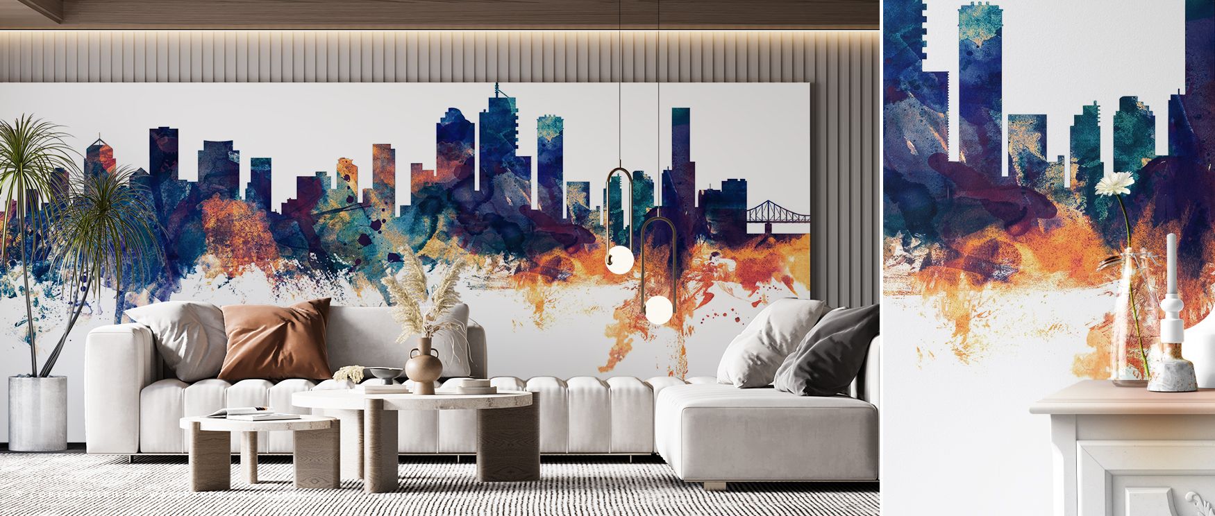 Soft brilliance shines in the Brisbane Australia Skyline Blue & Bronze Wallpaper, where city silhouettes glow gracefully against luminous shades. Its design enhances bedrooms, offices, or living spaces with elegance, turning interiors into refined urban r