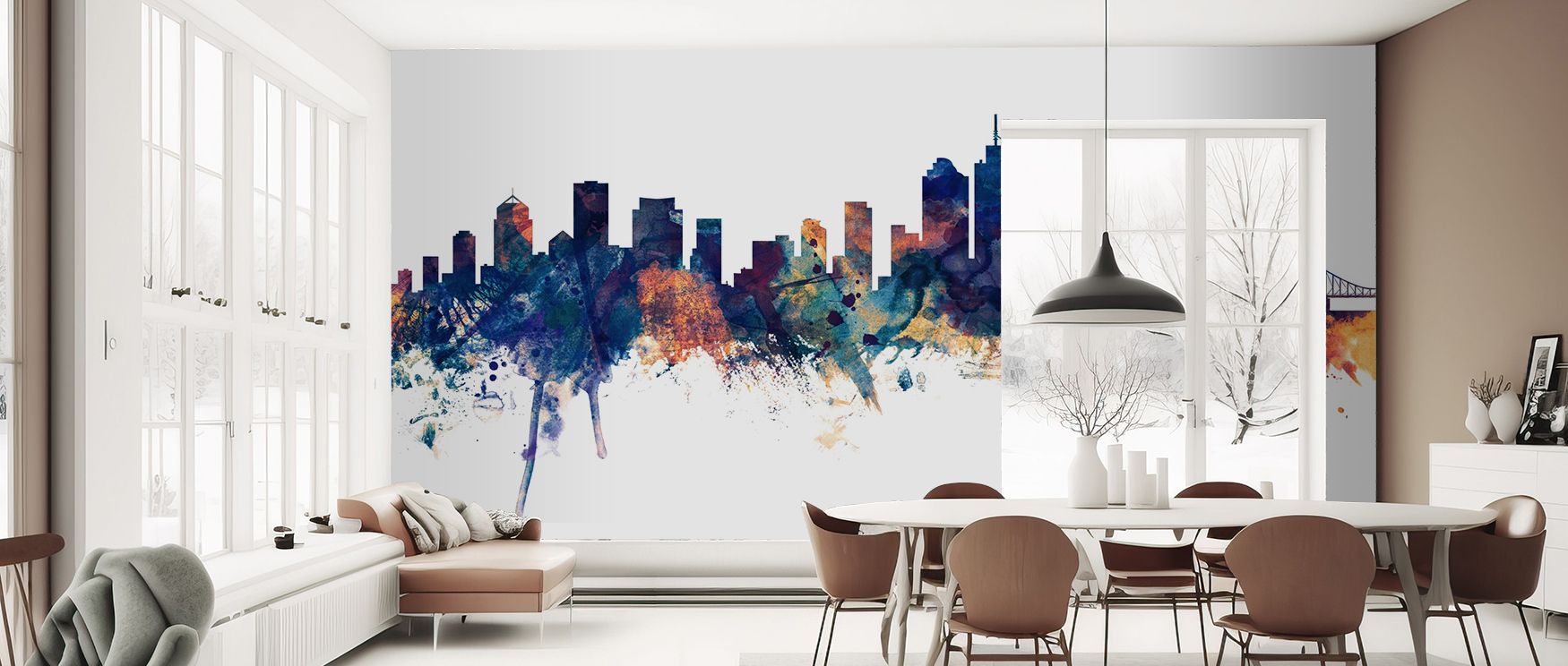 The Brisbane Australia Skyline Blue & Bronze Wallpaper celebrates culture through radiant imagery, where silhouettes appear bold yet graceful. This design enriches bedrooms, offices, or living spaces, offering cultured sophistication with decorative brill