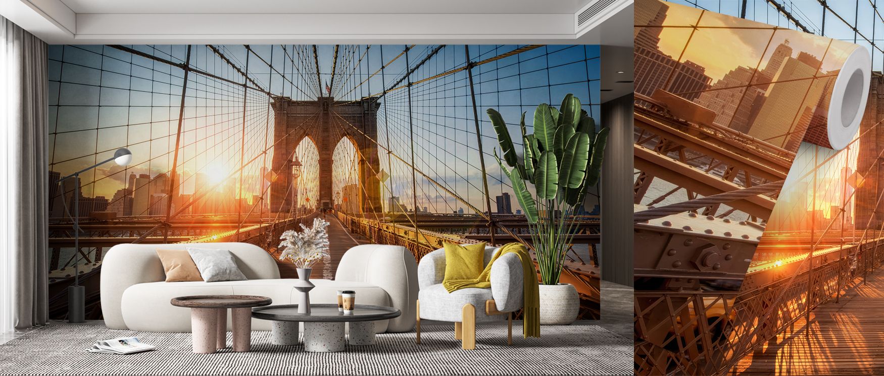 Warm elegance radiates from the Brooklyn Bridge Sunset Wallpaper, where sunset hues illuminate the city’s landmark. Perfect for bedrooms, offices, or living rooms, it enriches interiors with cultural pride and timeless decorative refinement.