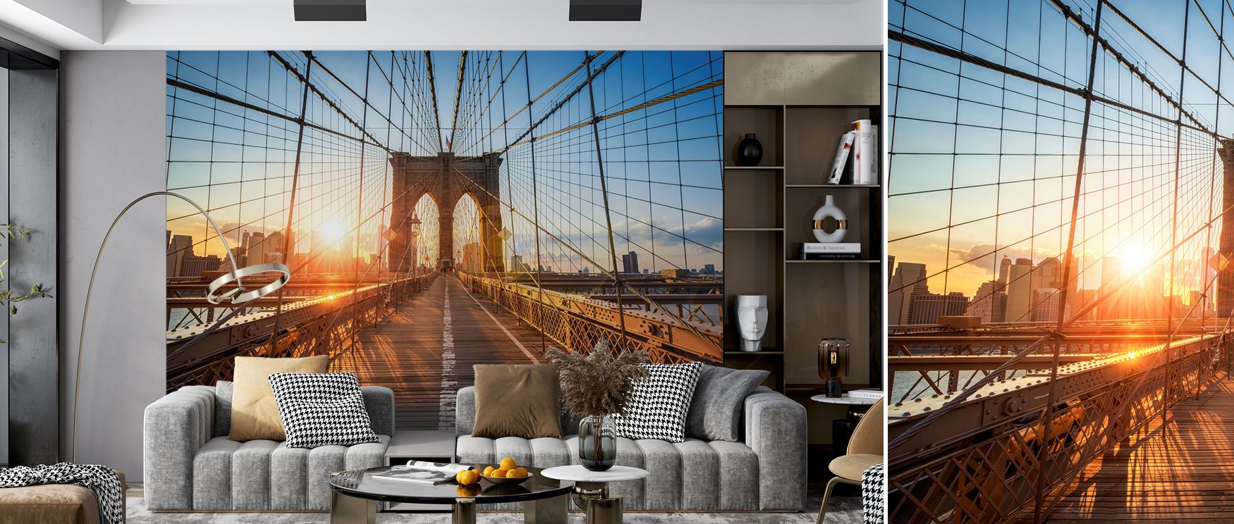 The Brooklyn Bridge Sunset Wallpaper enhances interiors with warm elegance, where tones flow across iconic imagery. Its design enriches bedrooms, offices, or living rooms, turning spaces into radiant sanctuaries filled with sophistication and charm.