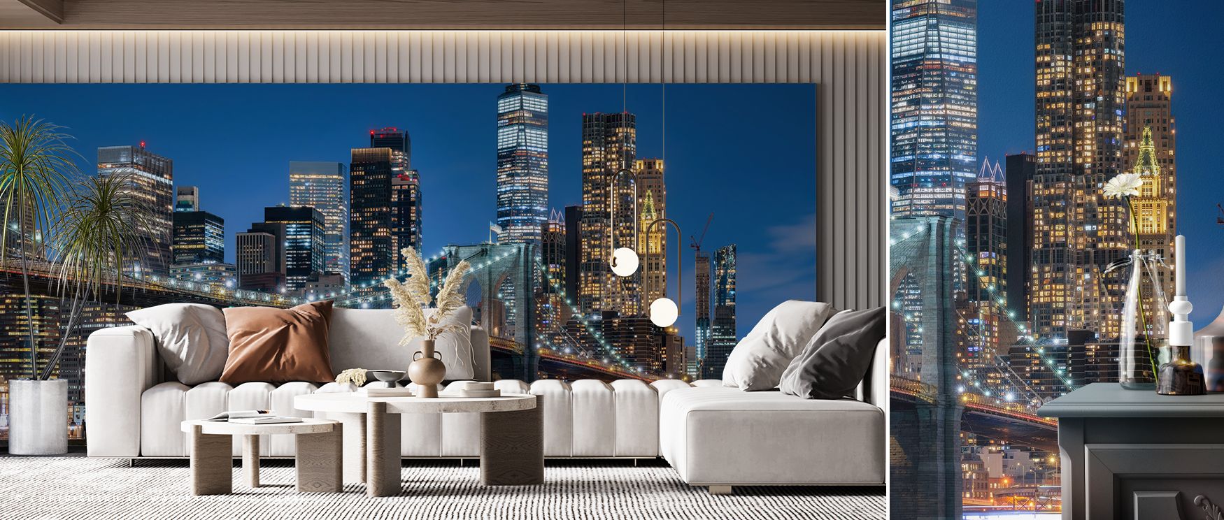 Across Brooklyn Bridge at Night Pt. II Wallpaper, silhouettes rise in grandeur, enhanced by radiant city light. The design suggests timeless poetry, where architecture and sky merge into one narrative. This atmosphere elevates interiors, adding grace and 