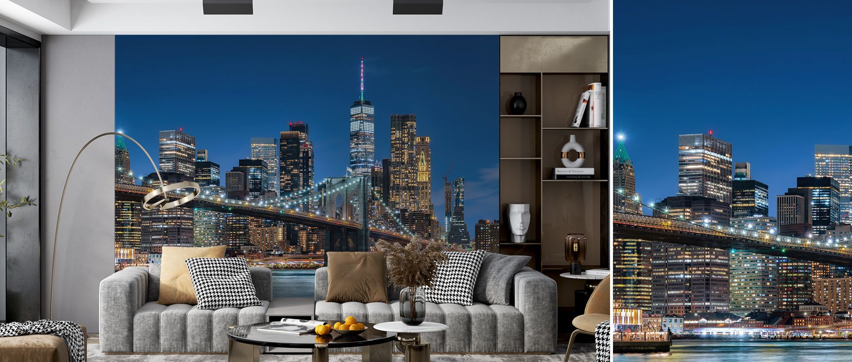 Brooklyn Bridge at Night Pt. II Wallpaper reveals elegance through glowing arches, where reflections transform darkness into beauty. Each detail emphasizes strength and artistry, inspiring interiors with grace. Whether in offices, bedrooms, or living room