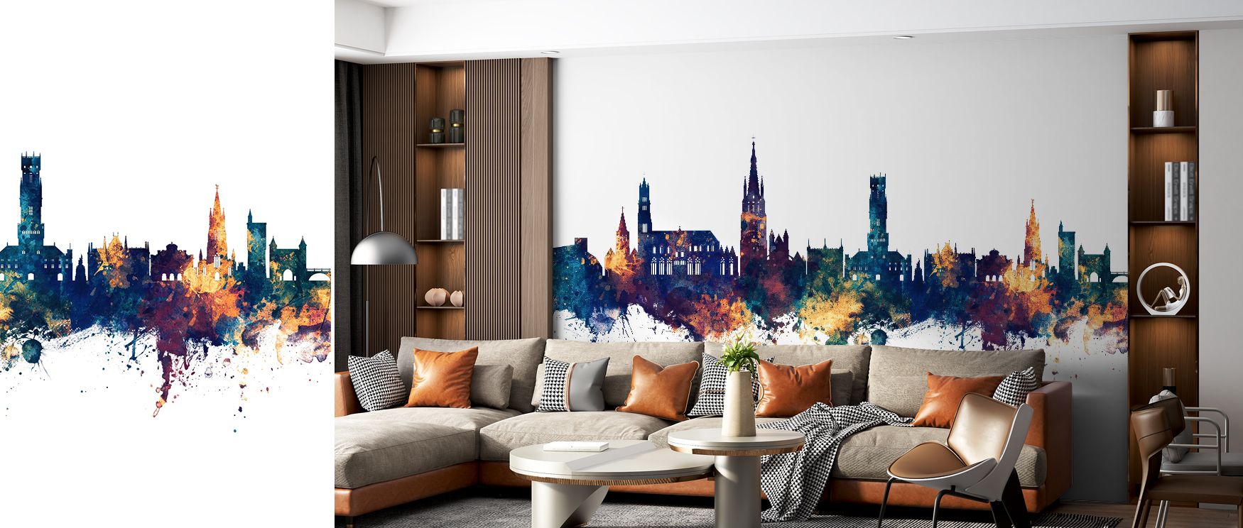 The architecture of Bruges shines within this wallpaper, where structures rise in artistic detail. Bronze warmth and blue calm form mood that is elegant and steady. The skyline imagery enhances bedrooms, offices, or living rooms, providing timeless inspir