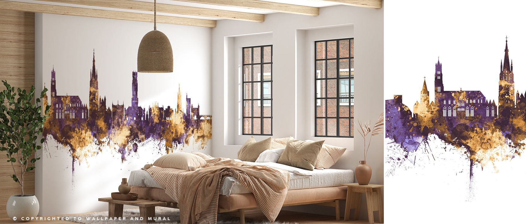 Bruges Belgium Skyline Purple & Gold Wallpaper celebrates architectural charm by merging bold tones with detailed spires. The imagery offers rhythm and cultural inspiration, elevating interiors into refined atmospheres. For living rooms, bedrooms, or offi