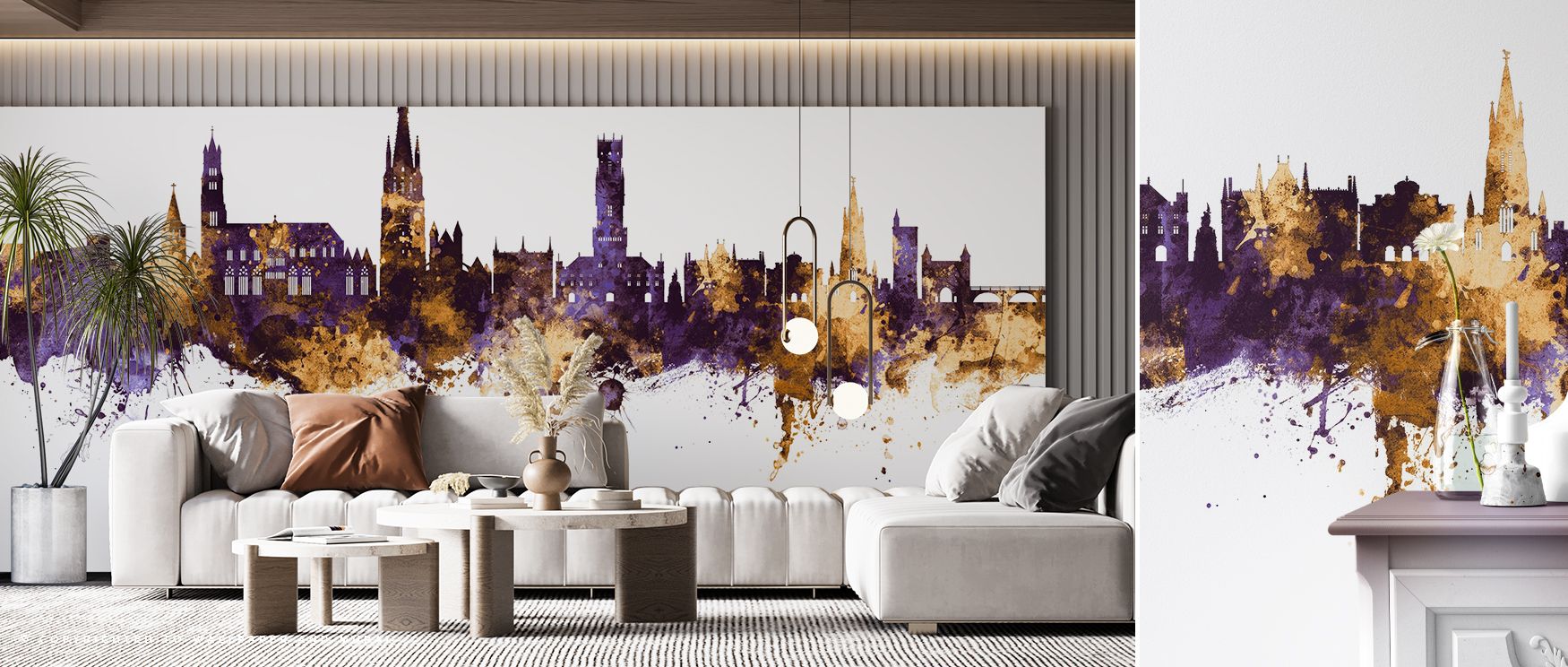 The towers of Bruges rise with luminous charm within this wallpaper, where colors reflect culture and refinement. Purple depth frames golden accents, creating atmosphere of grandeur. Suitable for bedrooms, offices, or living rooms, it adds elegance shaped