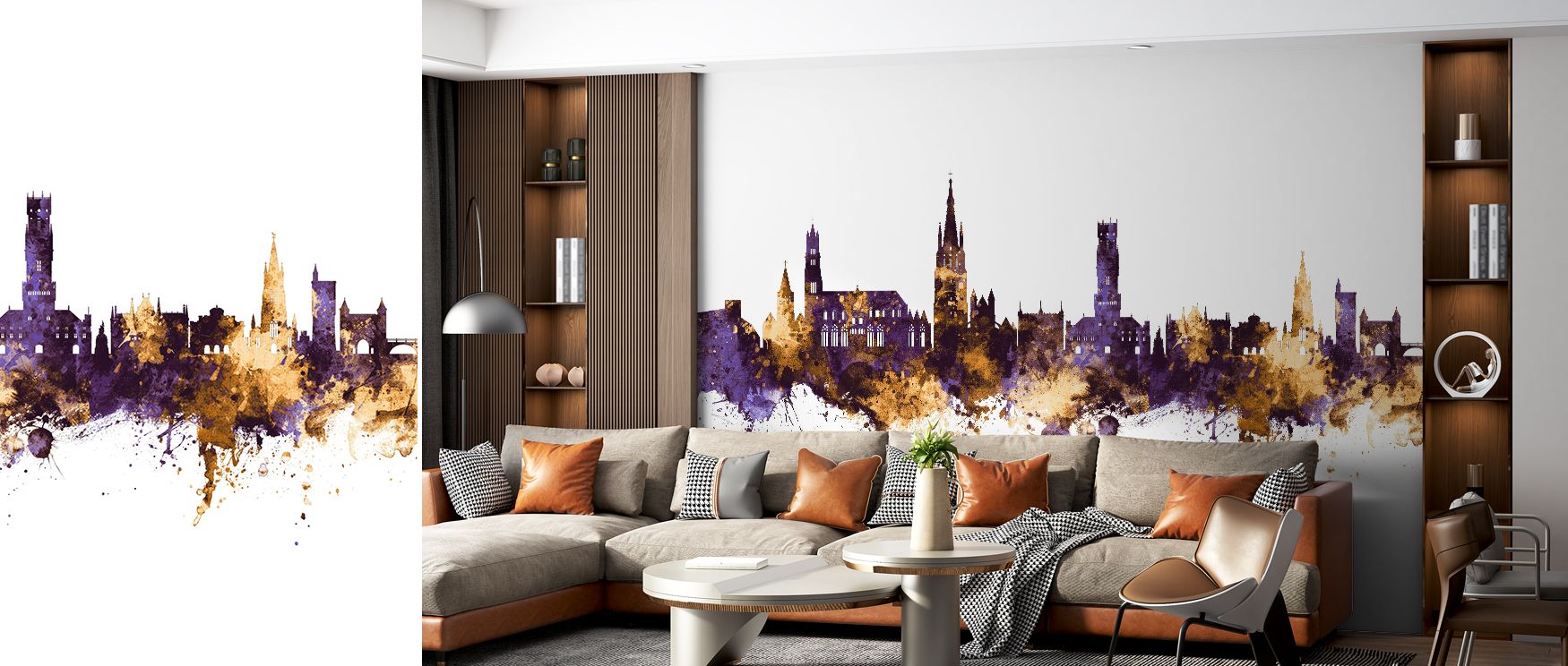Across Bruges Belgium Skyline Purple & Gold Wallpaper, vibrancy meets subtlety, building design that is expressive yet calm. The imagery feels sophisticated, uniting strength and serenity. Perfect for living rooms, offices, or bedrooms, it conveys timeles