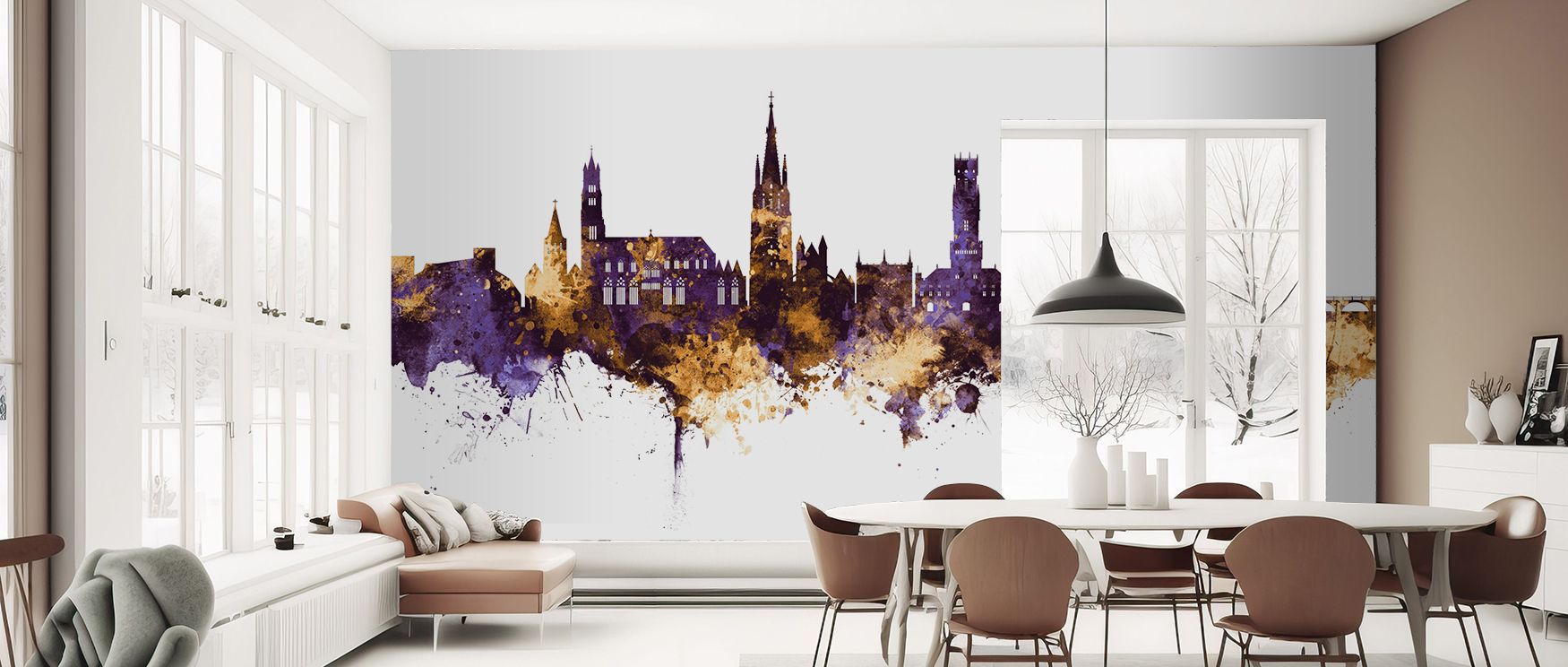 Bruges Belgium Skyline Purple & Gold Wallpaper carries radiance that defines interiors with elegance. Its towers glow softly against bold skies, offering presence of cultural sophistication. Bedrooms, offices, or living rooms gain beauty enriched with lux