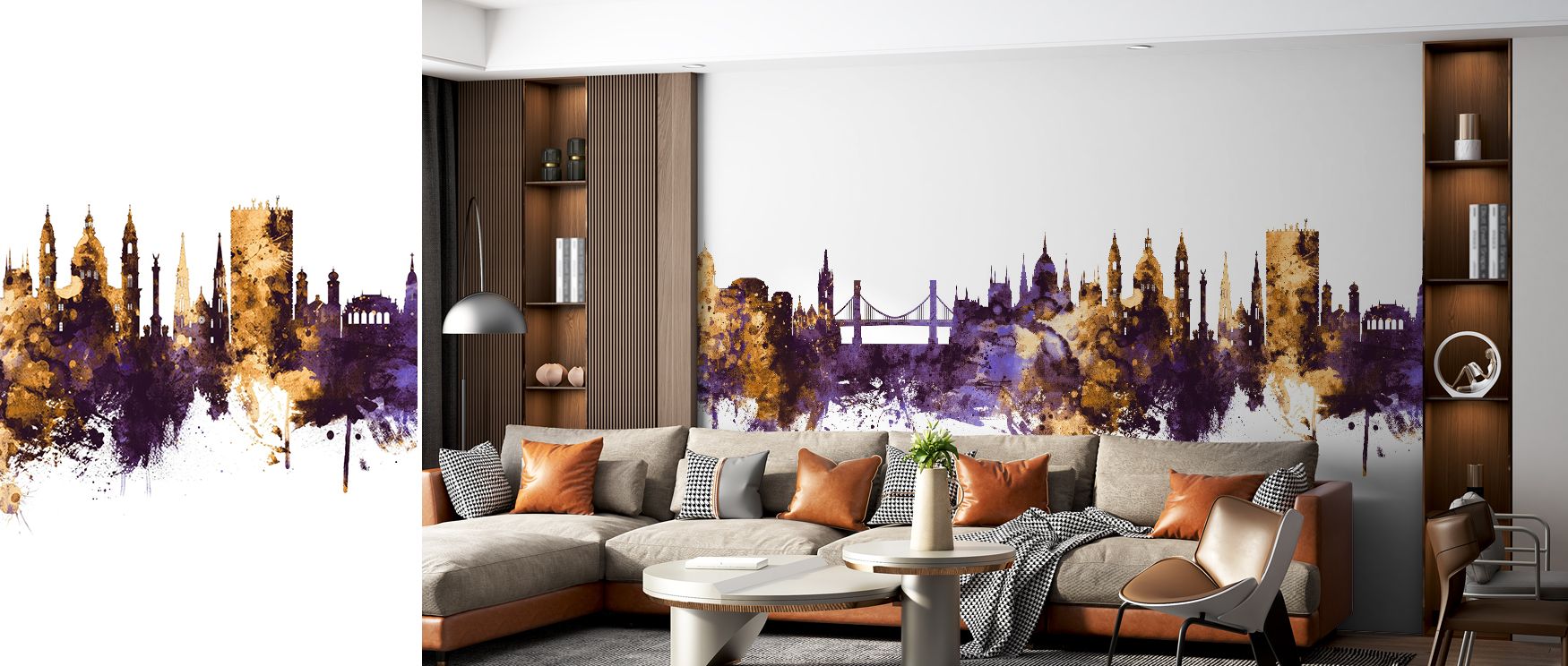 The Budapest Skyline Purple & Gold Wallpaper layers regal depth across its design, merging history with radiant touches that elevate bedrooms, offices, or living spaces into environments glowing with elegance, sophistication, and timeless cultural express