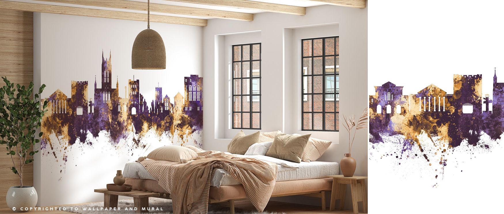 Architectural details emerge within Bury St Edmunds England Skyline Purple & Gold Wallpaper, framed in luminous gold against violet depths, transforming bedrooms, offices, or living rooms into regal interiors filled with beauty, sophistication, and histor