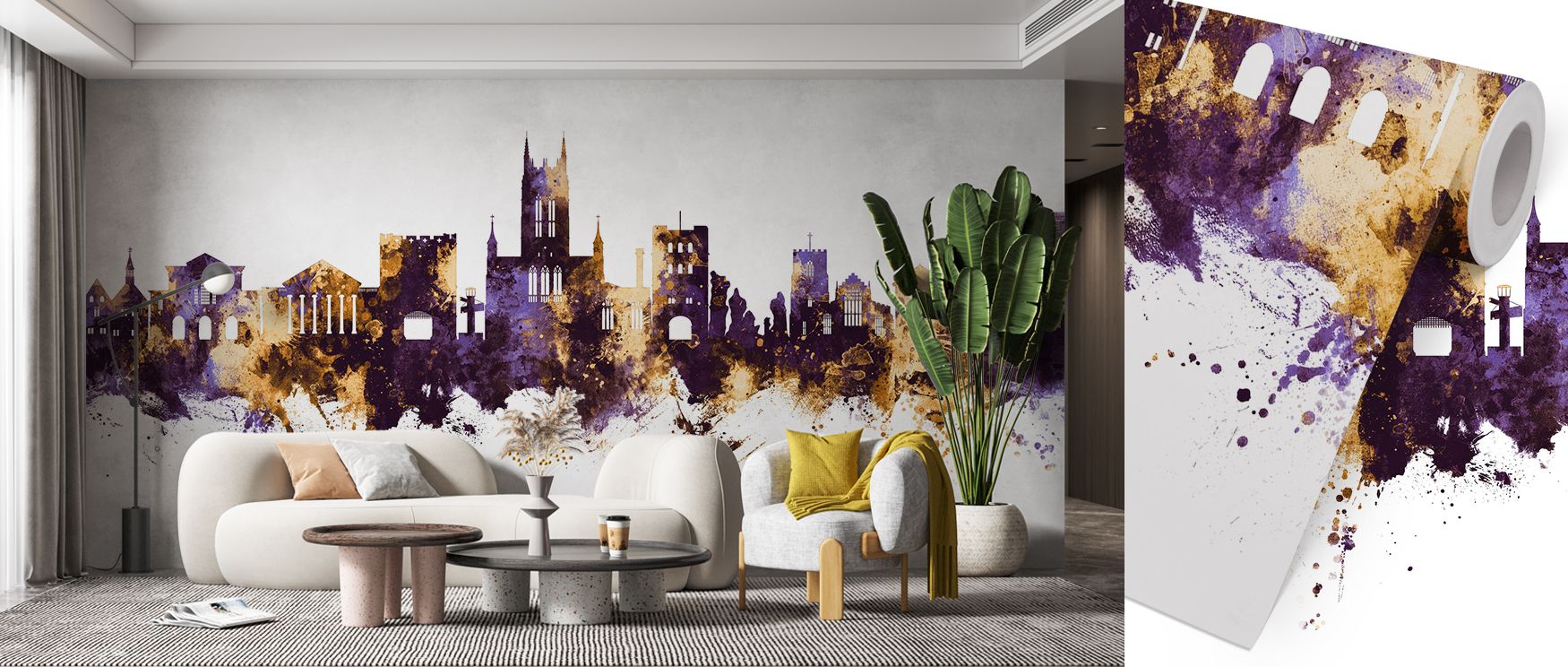 Deep purple horizons in Bury St Edmunds England Skyline Purple & Gold Wallpaper create a striking backdrop for glowing golden tones, surrounding bedrooms, offices, or living rooms with cultural elegance and timeless grandeur drawn from historic architectu