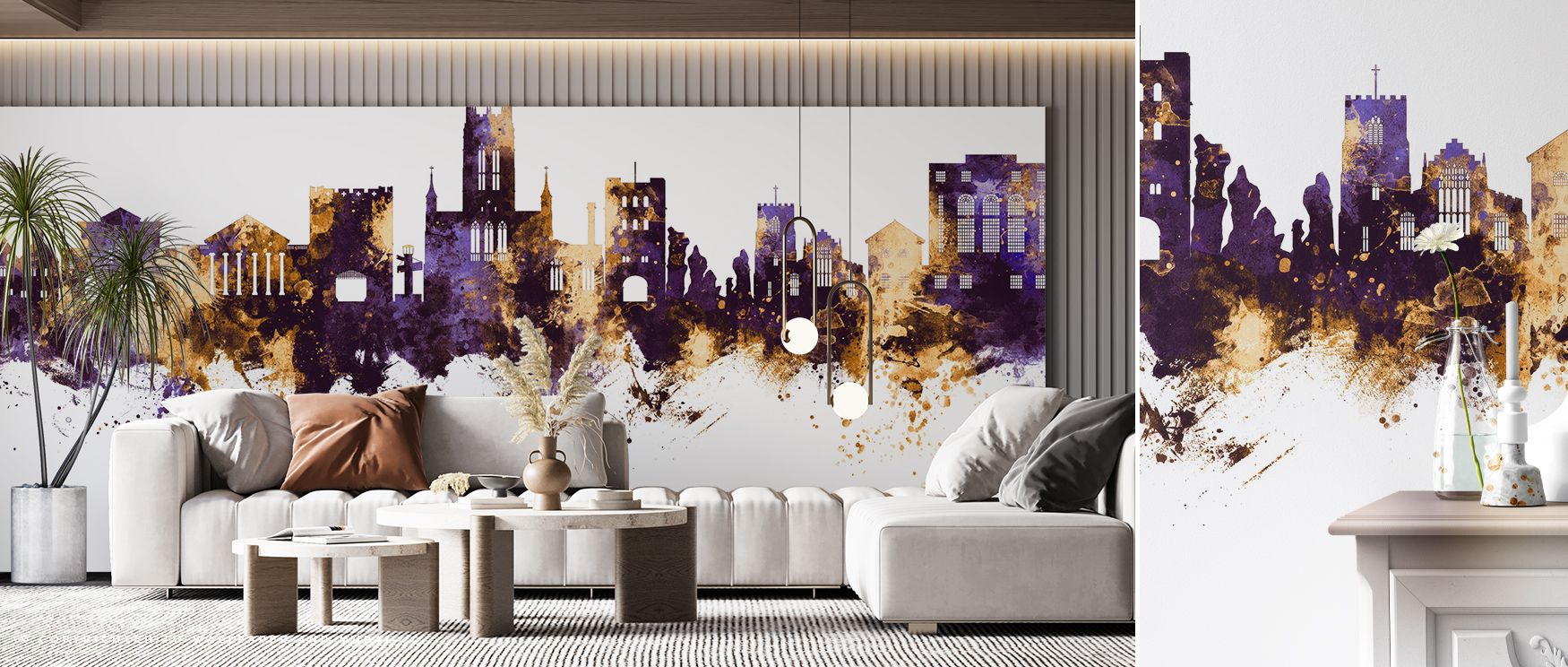 Golden accents enrich Bury St Edmunds England Skyline Purple & Gold Wallpaper, painting rooftops with brilliance, offering bedrooms, offices, or living rooms regal design presence that merges heritage beauty with contemporary refinement. 