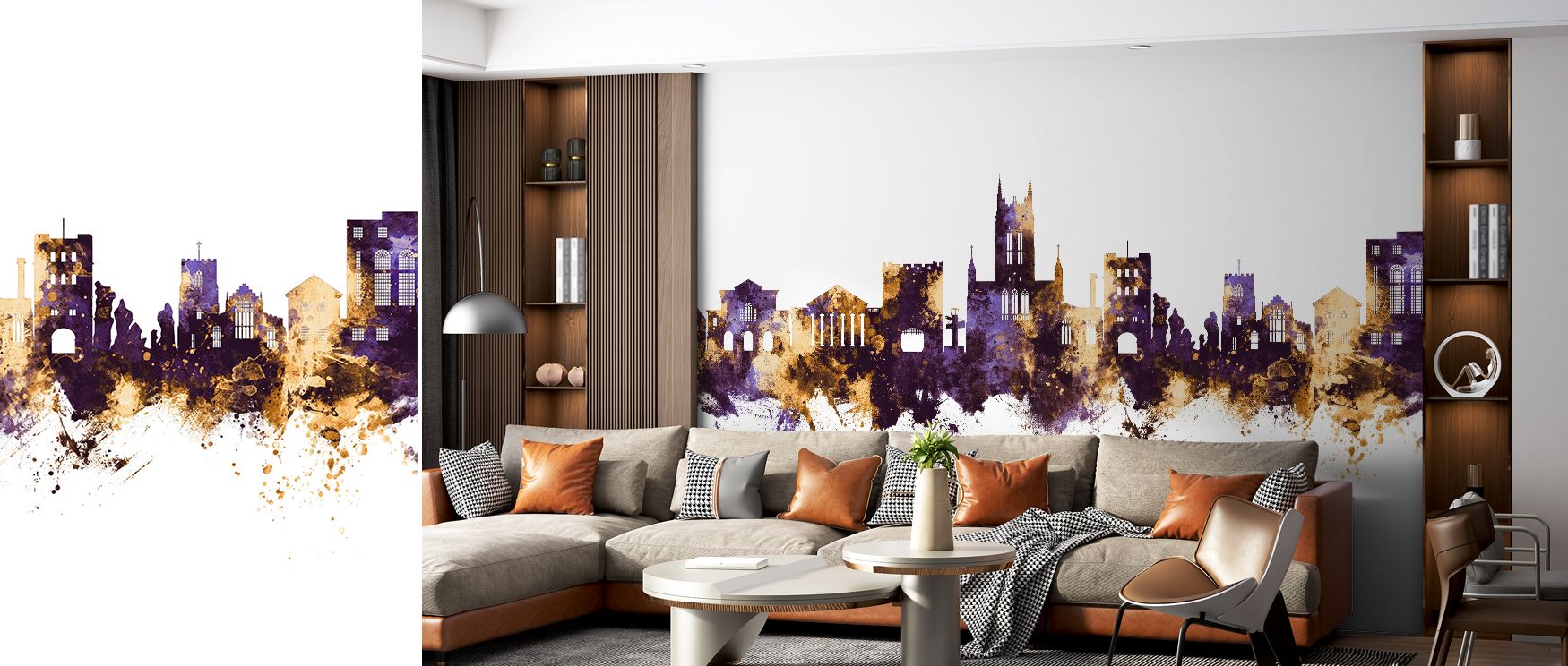 A majestic aura flows from Bury St Edmunds England Skyline Purple & Gold Wallpaper, where cultural silhouettes shine with gold highlights, filling bedrooms, offices, or living spaces with regal charm, timeless artistry, and luxurious elegance. 