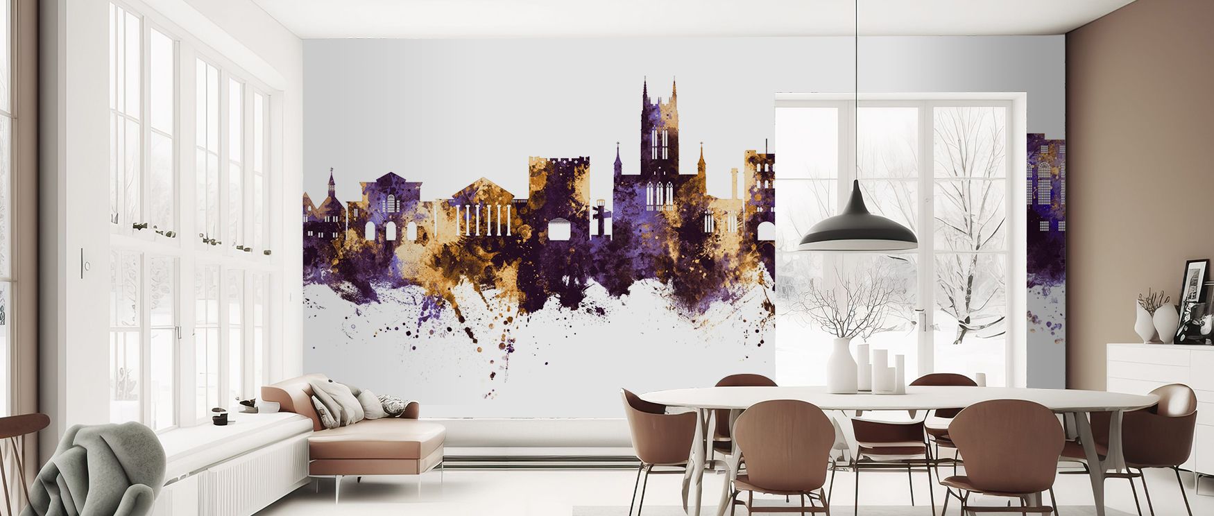 Heritage unfolds through Bury St Edmunds England Skyline Purple & Gold Wallpaper, where regal purple shadows and golden rooftops merge, surrounding bedrooms, offices, or living rooms with refinement, sophistication, and cultural depth. 