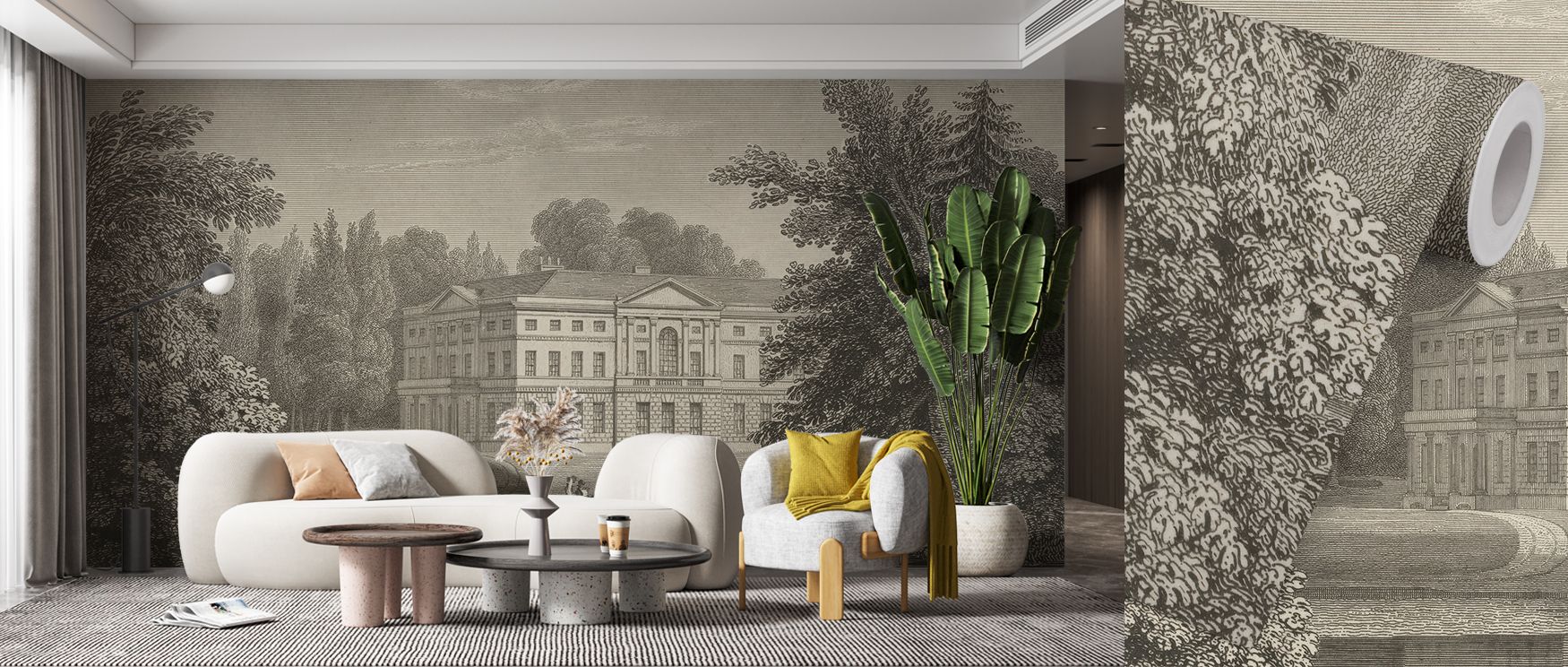 Within the Busbridge Estate Etching Wallpaper, graceful structures and soft textures merge, creating refined atmospheres that suit bedrooms, offices, or living rooms, surrounding interiors with cultural charm and sophistication. 