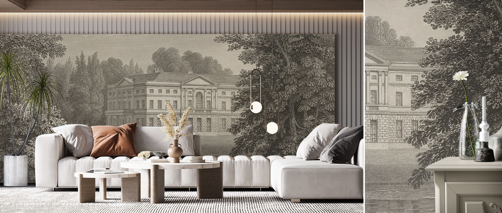 Historical character emerges in the Busbridge Estate Etching Wallpaper, where intricate shading adds depth and artistry, transforming bedrooms, offices, or living rooms into spaces enriched with timeless cultural presence. 
