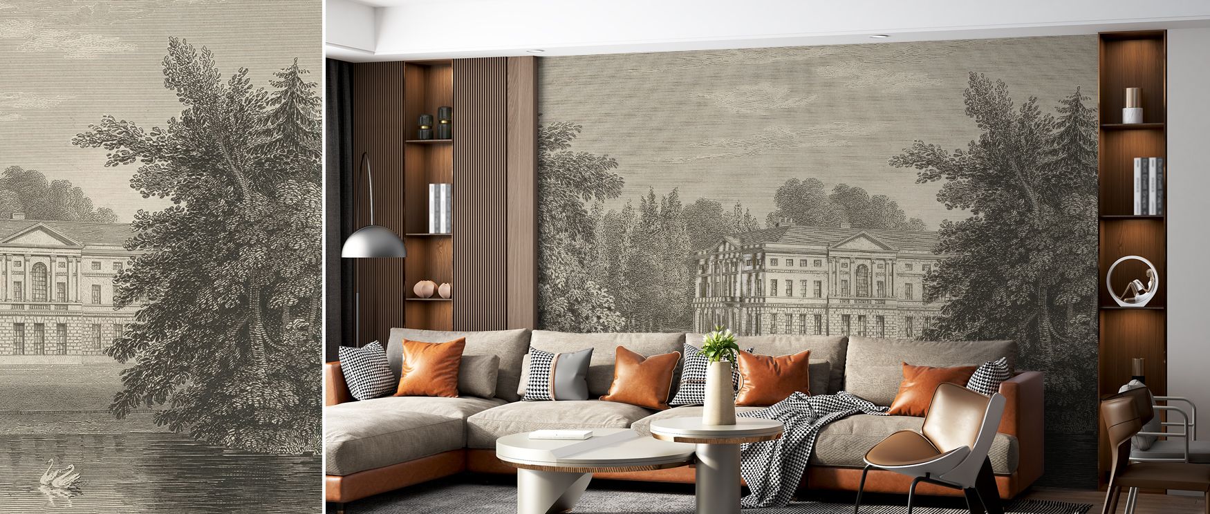 The Busbridge Estate Etching Wallpaper celebrates tradition through finely drawn lines and soft contrasts, wrapping bedrooms, offices, or living rooms in subtle drama, refinement, and timeless heritage beauty. 