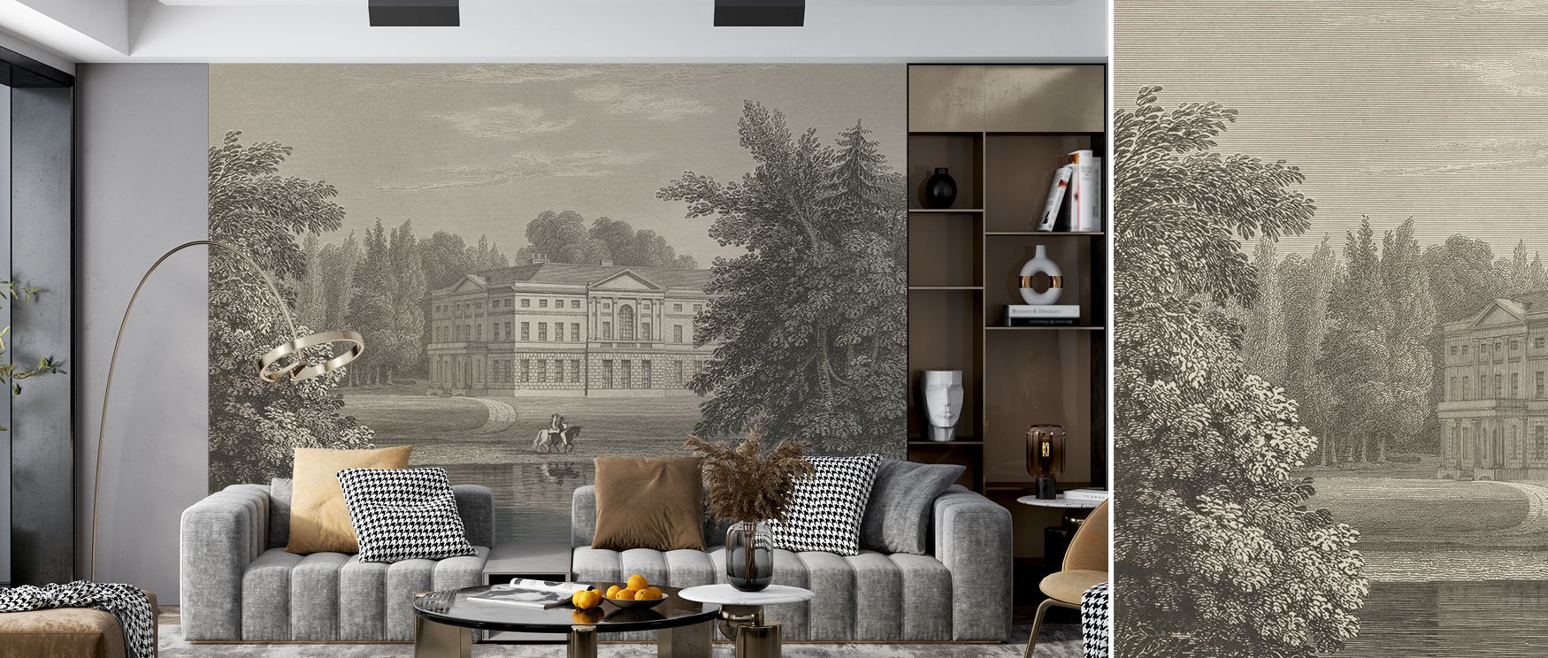 Layers of shading unfold in the Busbridge Estate Etching Wallpaper, bringing artistry into bedrooms, offices, or living rooms, where cultural stories and heritage design merge into refined interiors. 