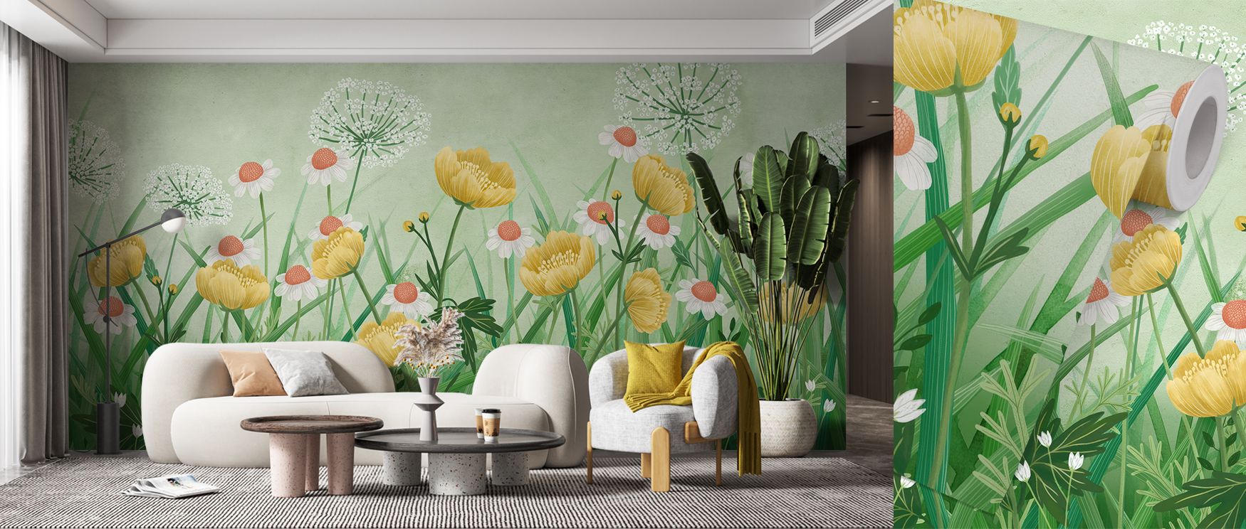 Green backdrops enrich the Buttercup Meadow Green Wallpaper, grounding interiors with calm presence, while buttercup accents bring vibrancy into bedrooms, offices, or living rooms filled with natural beauty. 
