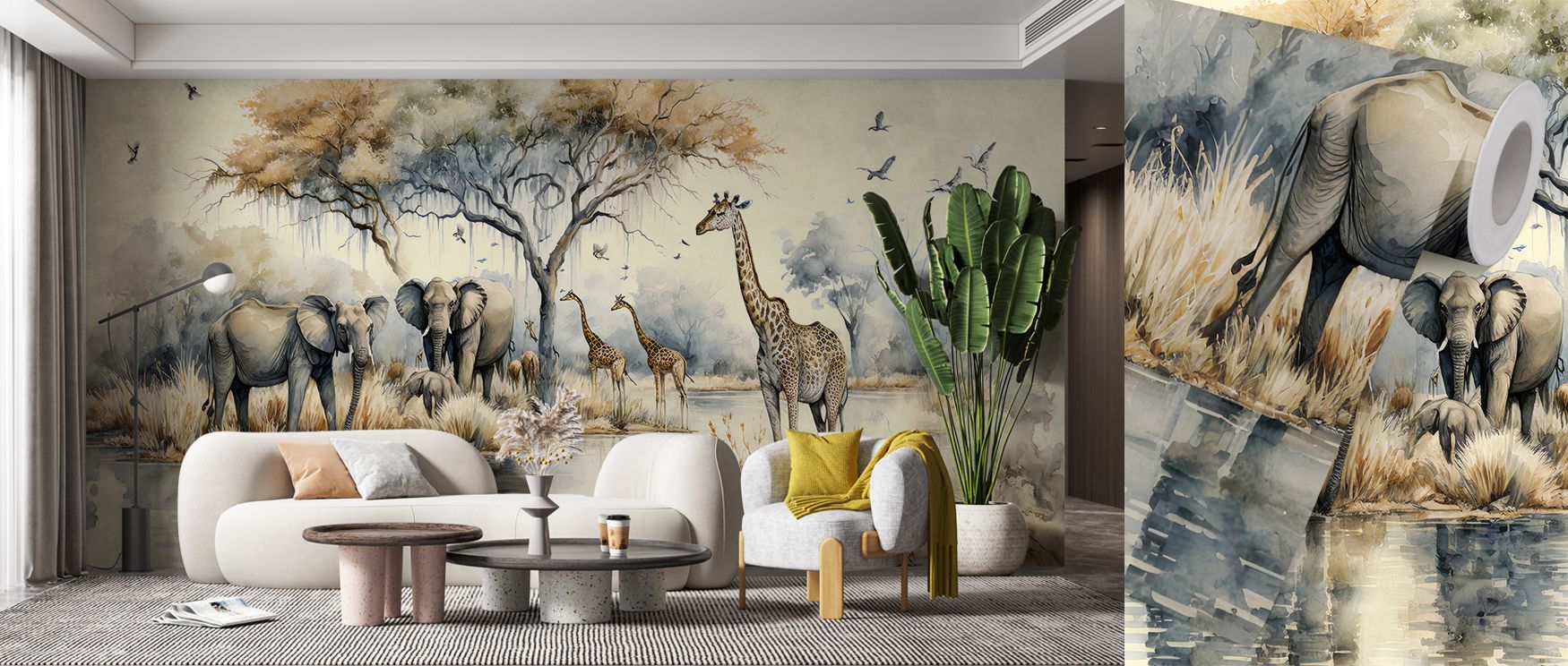 By the Waterhole Wallpaper radiates harmony through subtle textures and soft tones, transforming bedrooms, offices, or living rooms into spaces enriched with the timeless calm and poetic character of natural settings. 
