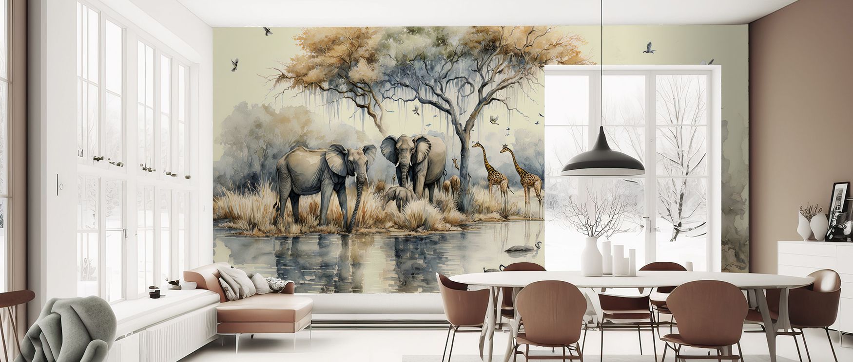By the Waterhole Wallpaper evokes presence of nature, filling bedrooms, offices, or living rooms with soothing tones, balance, and harmony that transform interiors into environments of poetic calm and beauty. 