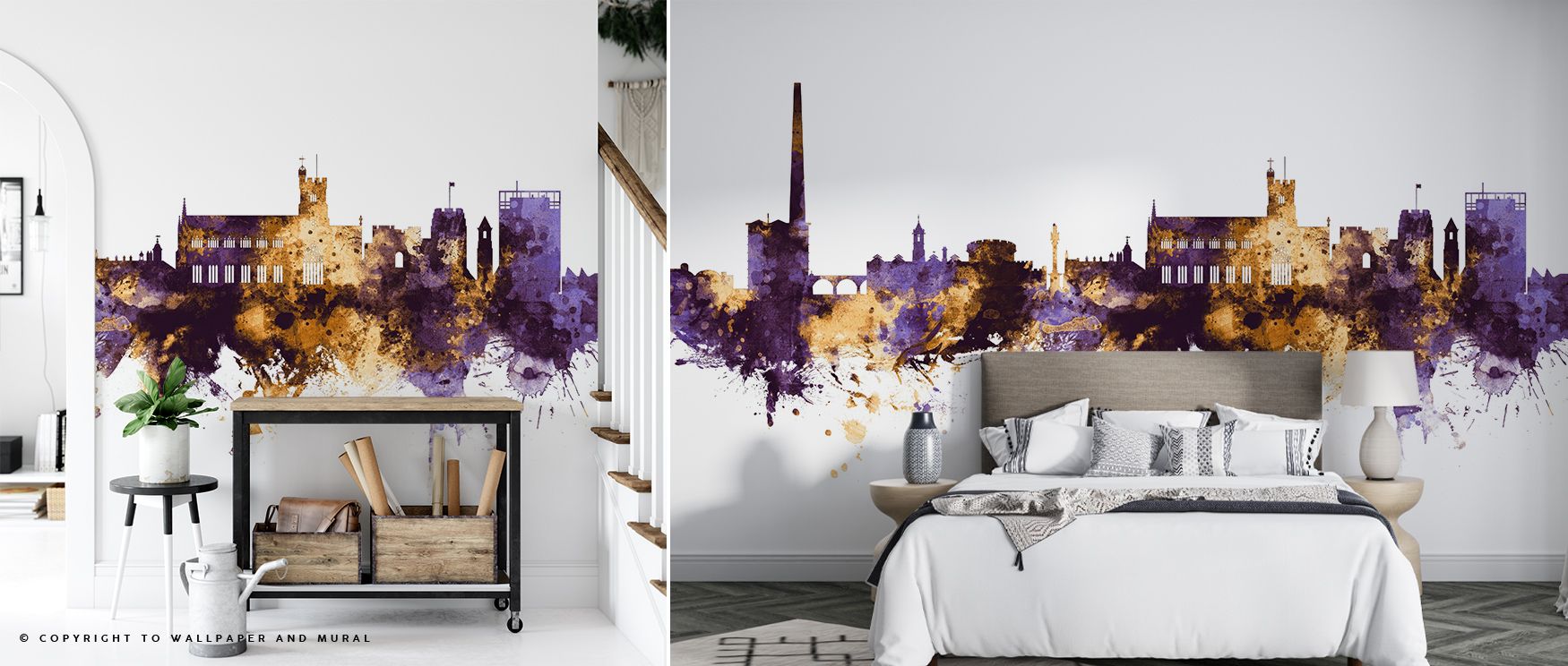 The Carlisle England Skyline Purple & Gold Wallpaper glows with regal tones, where purple shadows frame golden rooftops, filling bedrooms, offices, or living rooms with elegance, grandeur, and timeless presence inspired by cultural sophistication and hist