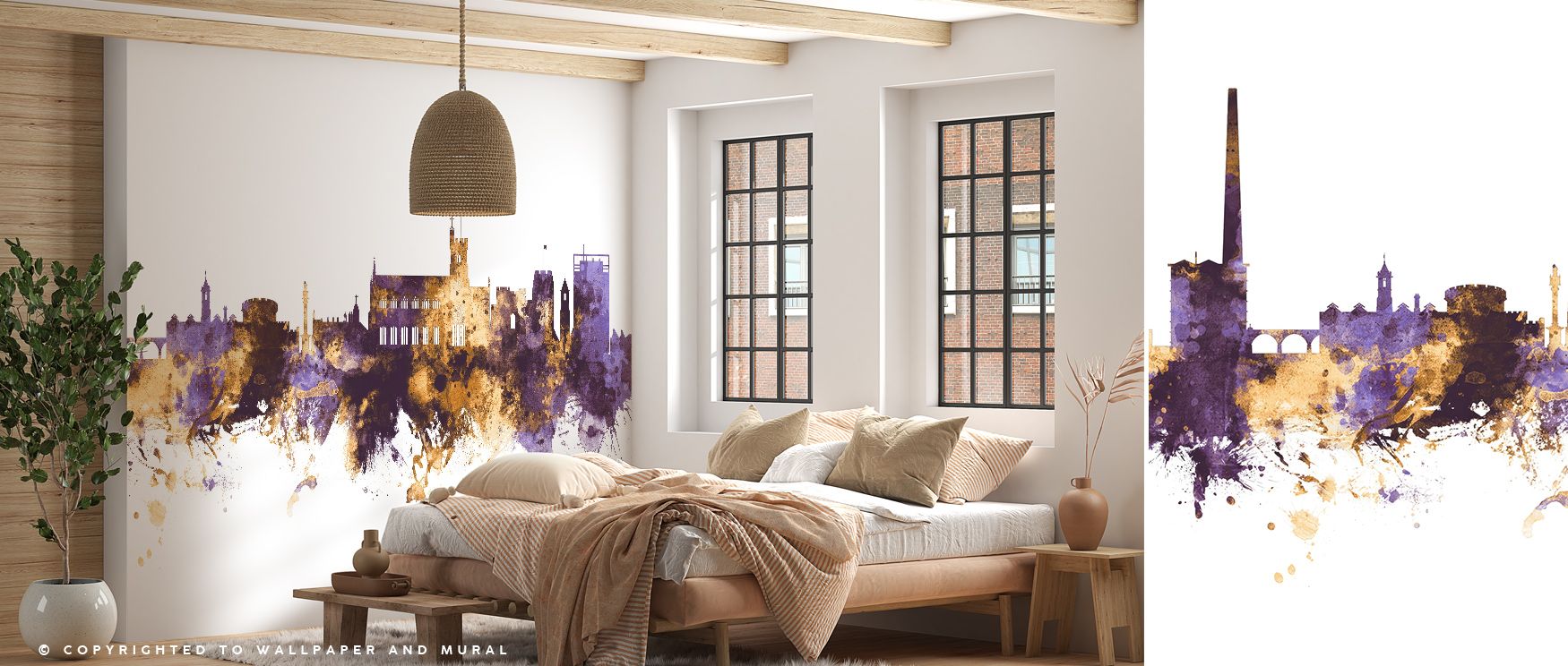 Golden brilliance shines within Carlisle England Skyline Purple & Gold Wallpaper, surrounding bedrooms, offices, or living rooms with luminous touches that enhance skyline silhouettes, adding regal charm, refinement, and cultural depth to interiors with t
