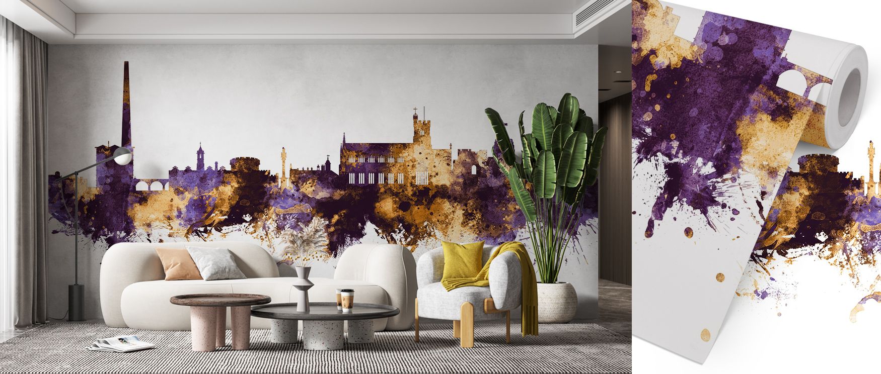 Carlisle England Skyline Purple & Gold Wallpaper carries sophistication through glowing tones, where rooftops gleam in radiant gold against violet skies, enriching bedrooms, offices, or living rooms with cultural grandeur and luxurious refinement. 