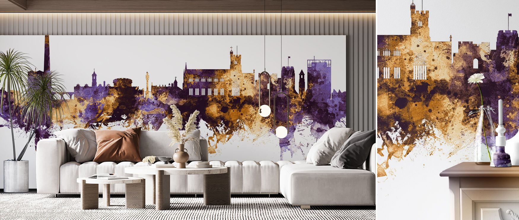 Regal atmosphere flows from Carlisle England Skyline Purple & Gold Wallpaper, surrounding bedrooms, offices, or living rooms with elegance, luminous presence, and timeless design inspired by cultural artistry and architectural refinement. 