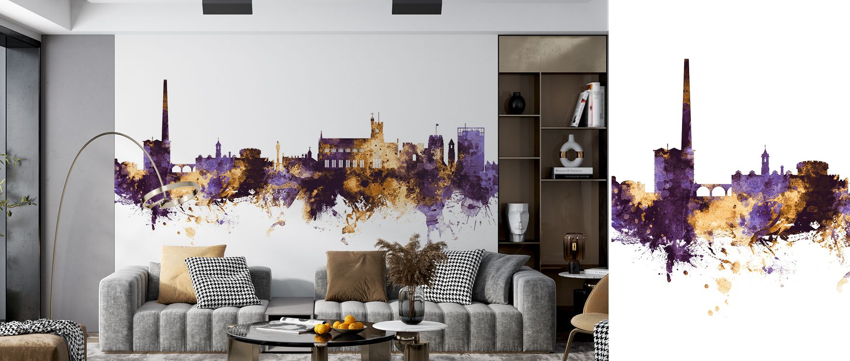 Carlisle England Skyline Purple & Gold Wallpaper embodies balance of cultural heritage and elegance, where purple and gold tones merge to transform bedrooms, offices, or living rooms with regal sophistication and timeless beauty. 