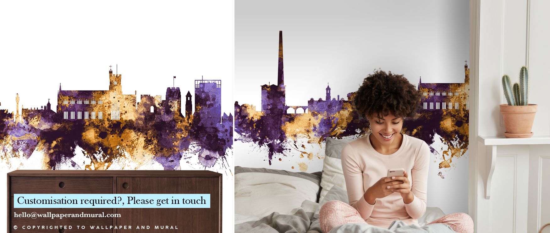 Radiant tones enrich Carlisle England Skyline Purple & Gold Wallpaper, where golden rooftops glow with regal charm against purple backdrops, filling bedrooms, offices, or living rooms with heritage elegance, refinement, and timeless grandeur. 