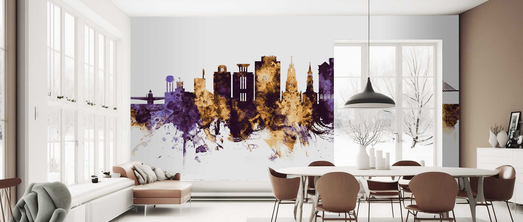 Charleston South Carolina Skyline Purple & Gold Wallpaper glows with regal tones, where golden accents contrast deep purple skies, filling bedrooms, offices, or living rooms with sophistication, elegance, and cultural atmosphere that reflects timeless her