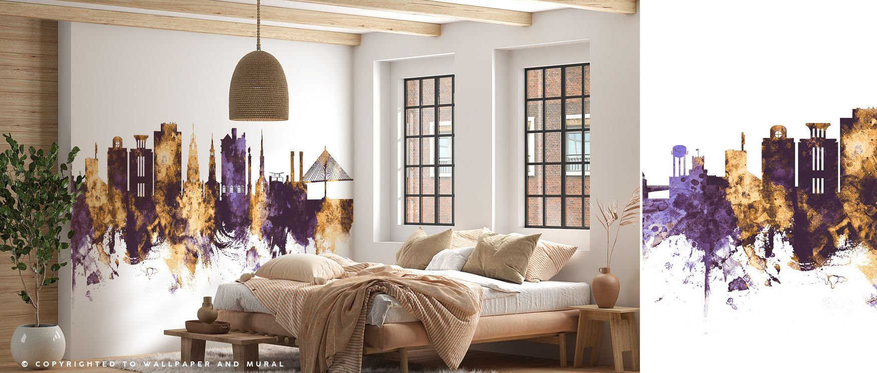 Golden rooftops shimmer within Charleston South Carolina Skyline Purple & Gold Wallpaper, surrounding bedrooms, offices, or living rooms with regal charm, cultural presence, and timeless artistry that enrich interiors with luminous elegance and sophistica