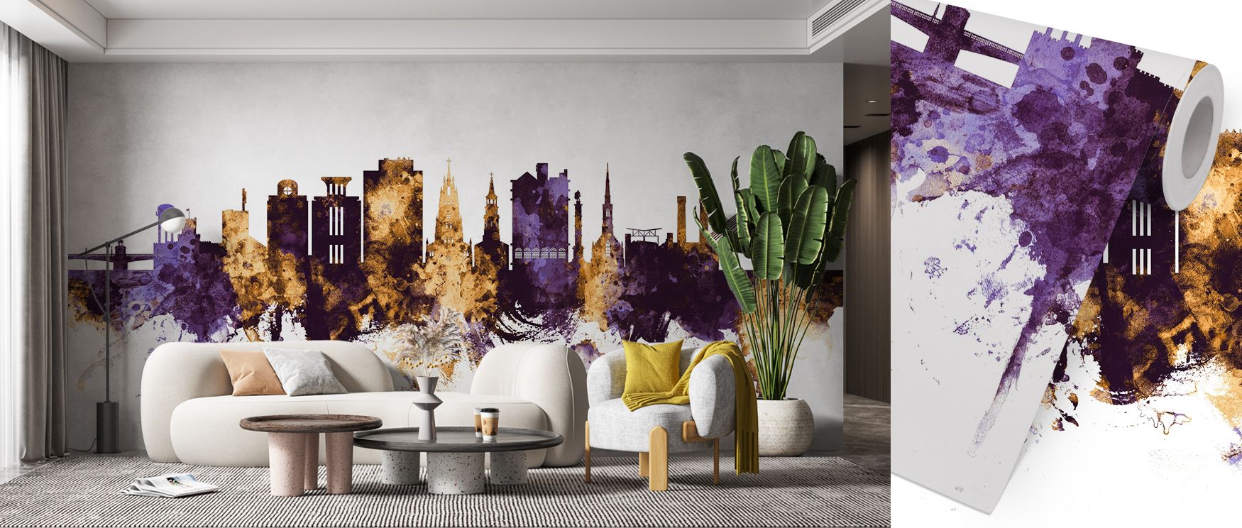 Charleston South Carolina Skyline Purple & Gold Wallpaper embodies cultural grandeur, layering golden highlights against purple backdrops, enriching bedrooms, offices, or living rooms with heritage refinement, timeless beauty, and artistic charm. 