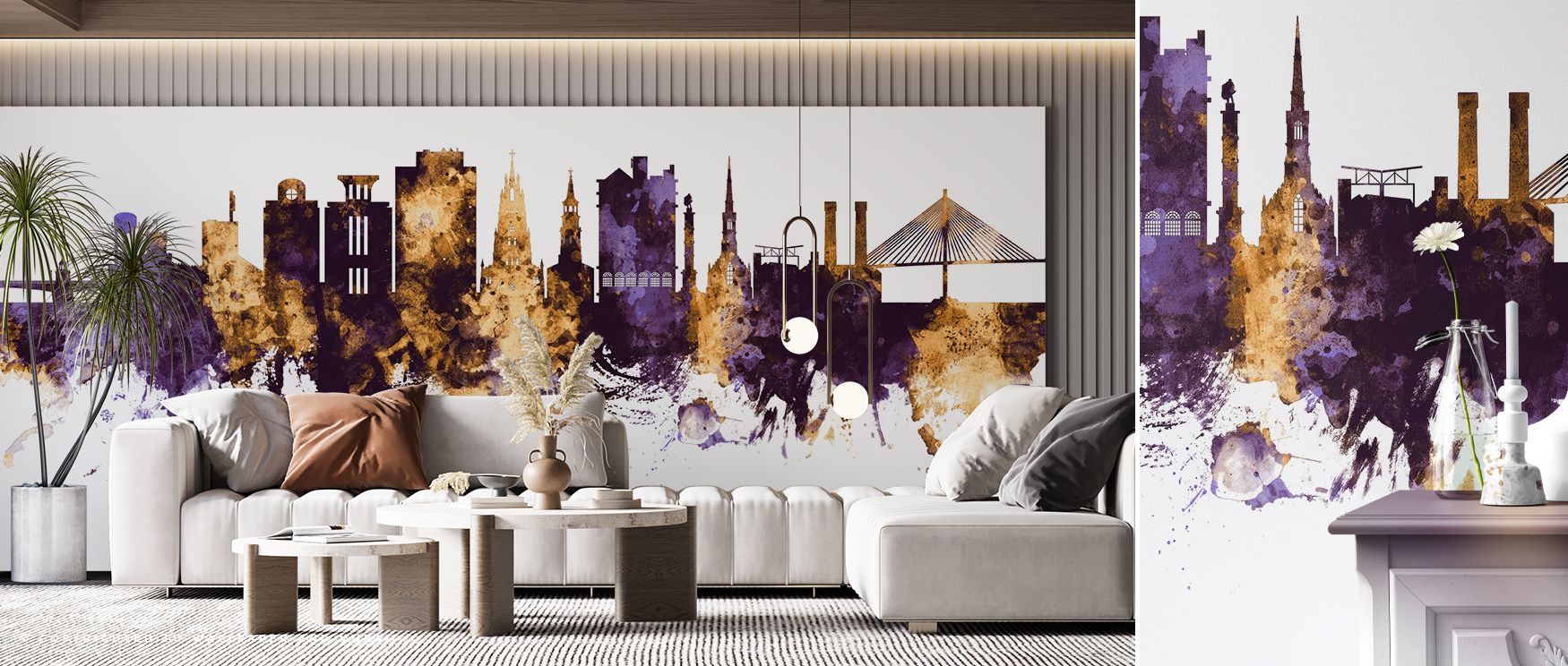 Radiant tones define Charleston South Carolina Skyline Purple & Gold Wallpaper, where purple depth meets glowing gold, surrounding bedrooms, offices, or living rooms with refined atmosphere, regal energy, and cultural artistry. 