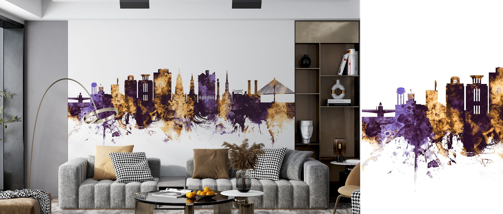 Charleston South Carolina Skyline Purple & Gold Wallpaper captures heritage presence, offering bedrooms, offices, or living rooms luminous sophistication, regal elegance, and refined cultural beauty expressed through skyline artistry. 