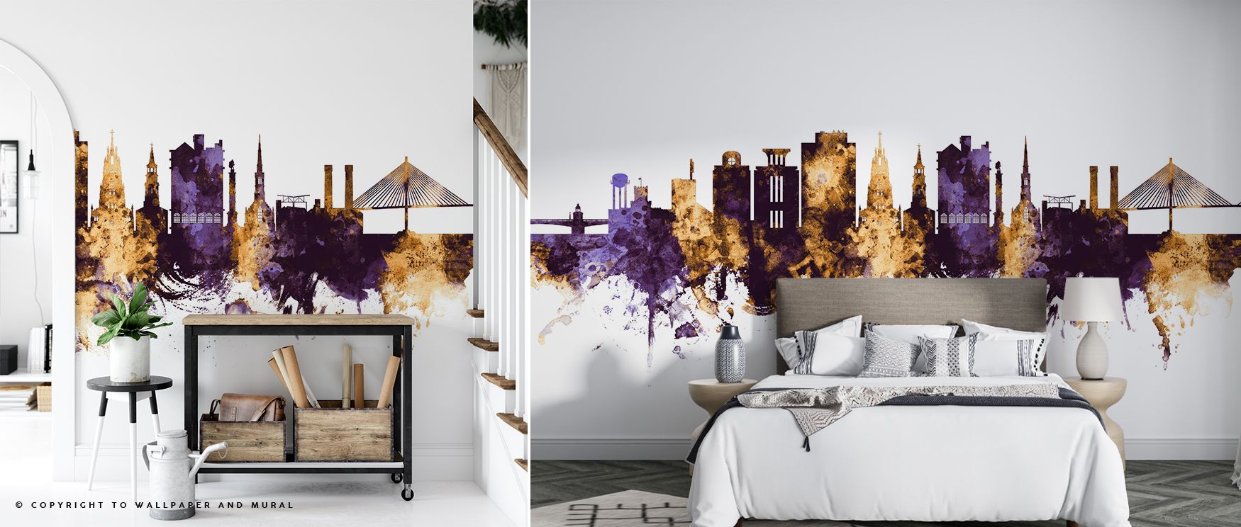 Cultural artistry radiates from Charleston South Carolina Skyline Purple & Gold Wallpaper, surrounding bedrooms, offices, or living rooms with elegance, refinement, and luminous balance that reflect regal heritage and timeless beauty. 