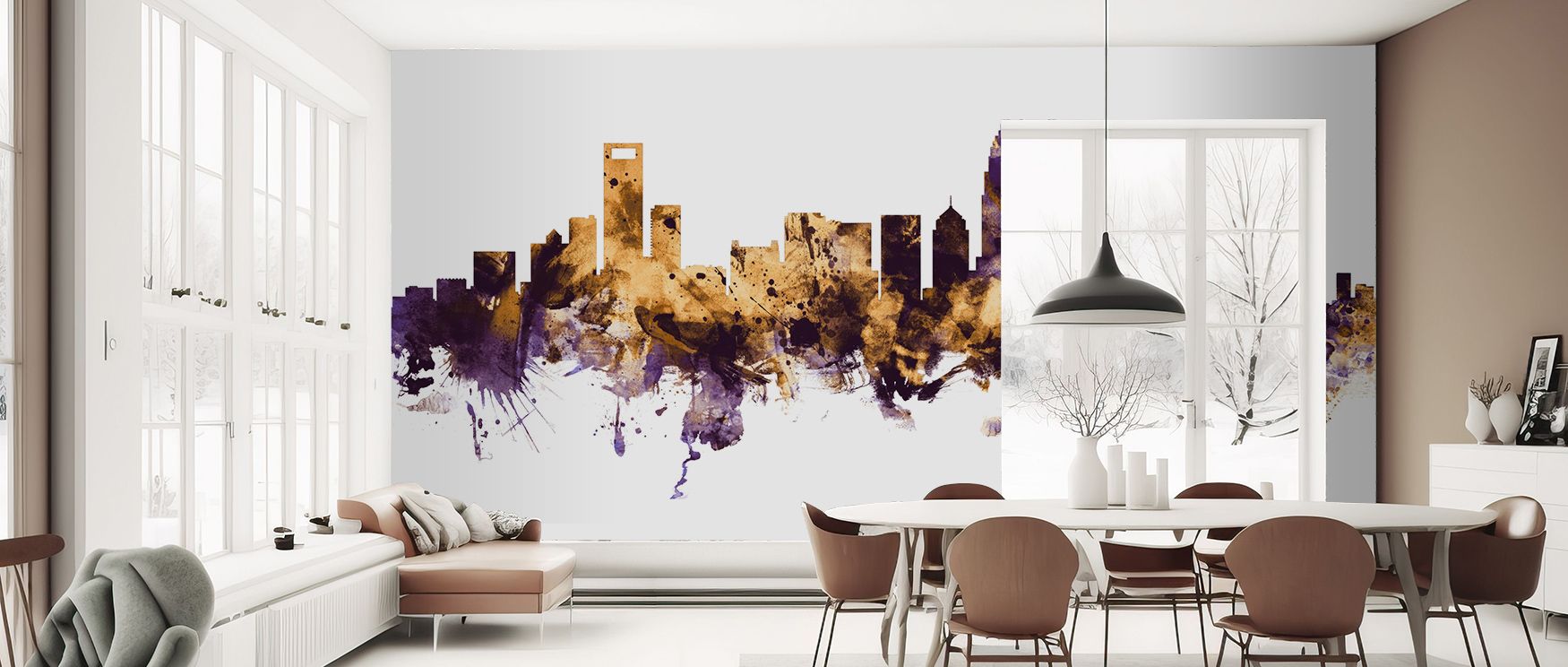 The Charlotte North Carolina Skyline Purple & Gold Wallpaper carries cultural elegance, wrapping bedrooms, offices, or living rooms in regal tones, luminous atmosphere, and timeless sophistication rooted in architectural heritage. 