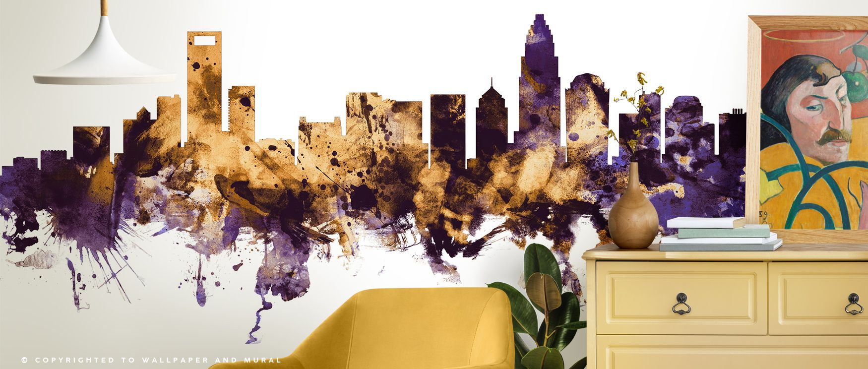 Golden tones enrich Charlotte North Carolina Skyline Purple & Gold Wallpaper, filling bedrooms, offices, or living rooms with refinement, luminous charm, and regal presence that reflect cultural artistry and timeless elegance. 
