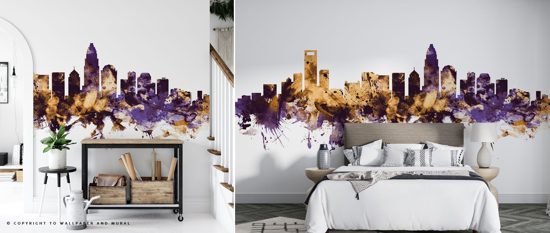 The Charlotte North Carolina Skyline Purple & Gold Wallpaper glows with regal tones, where purple shadows enrich golden rooftops, surrounding bedrooms, offices, or living rooms with elegance, refinement, and timeless atmosphere drawn from cultural artistr